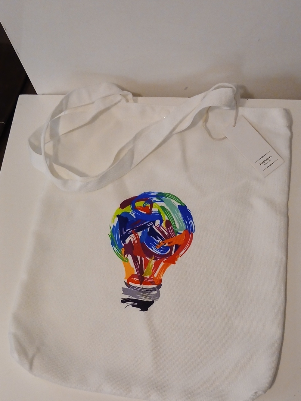 White Polyester Canvas Tote with Colorful Lightbulb Art. NWT